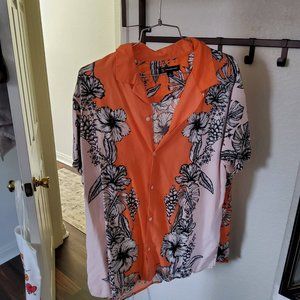 INC Orange Floral Guayavera Style Button Down, XL